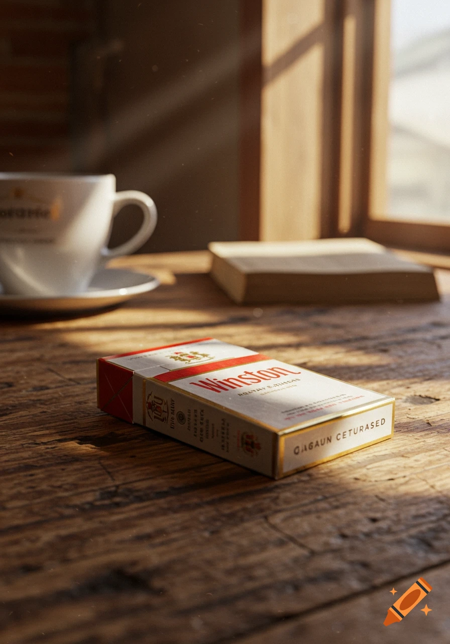 A pack of Winston cigarettes lies on a wooden table next to a coffee cup and a book, bathed in realistic sunlight from a window.