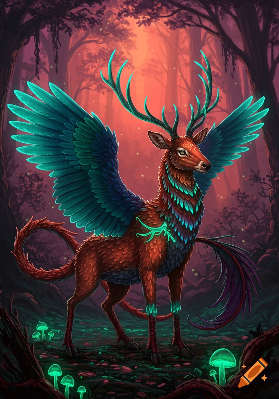 A magical deer-like alebrije creature with large teal wings and antlers stands in an enchanted forest with glowing mushrooms.
