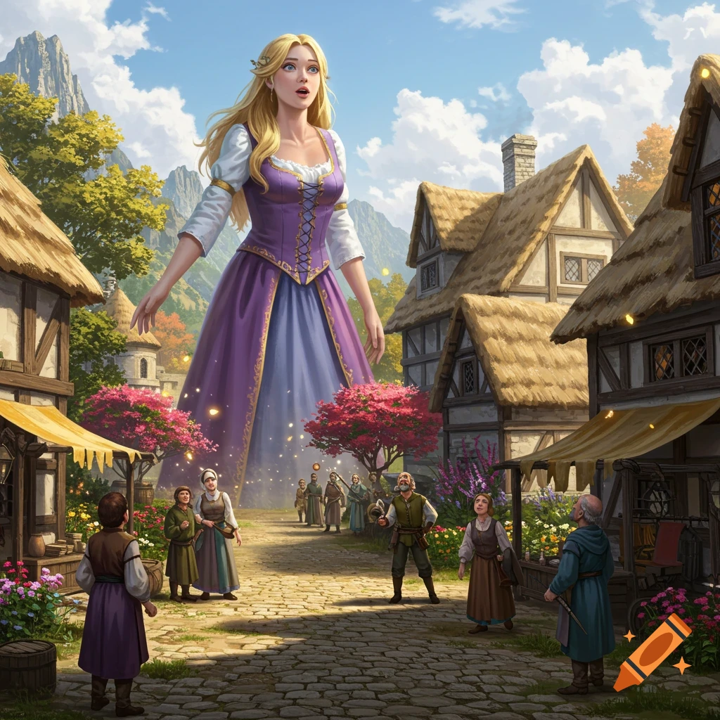 A giant blonde woman in a purple dress stands in a sunny, picturesque medieval village, dwarfing the buildings and villagers.