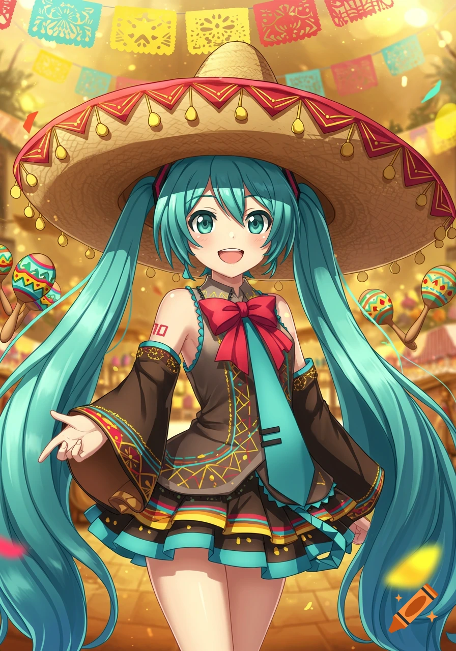 Anime-style Hatsune Miku in a sombrero and Mexican outfit, holding maracas, against a festive background.