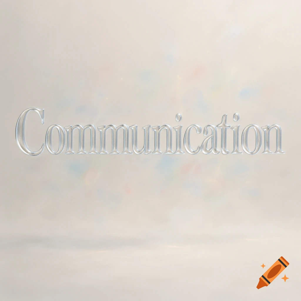 The word 'Communication' rendered in a clear, glassy 3D style on a light, hazy background.