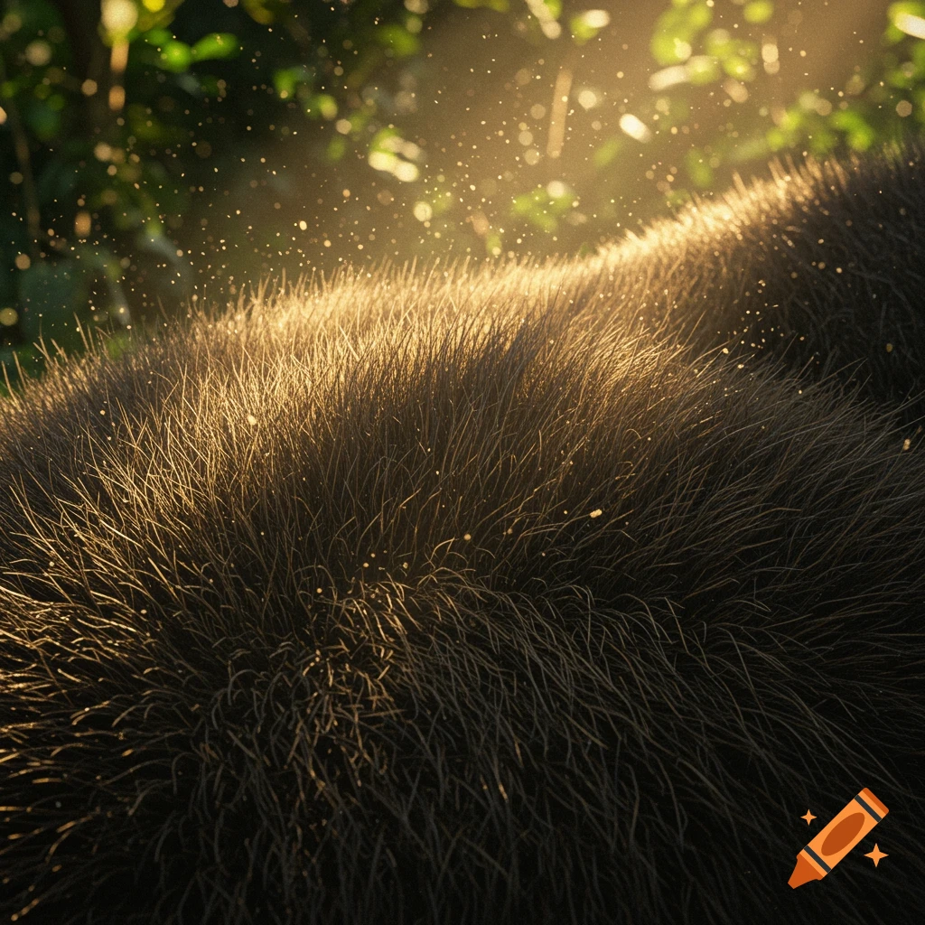 Close-up of dark fur, possibly gorilla, illuminated by golden sunlight filtering through leaves with visible dust motes.