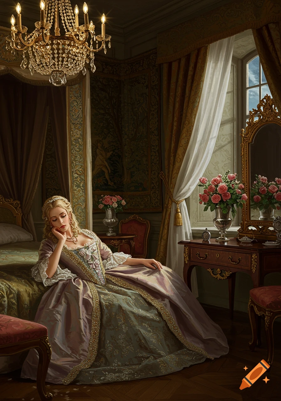 A Rococo princess in an ornate gown sits thoughtfully on a bed in a lavish bedchamber with a chandelier and large window.