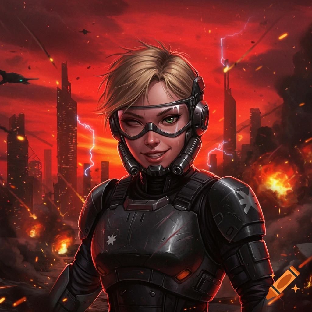 A blonde woman in futuristic black military armor with goggles winks in a war-torn city under a red sky with explosions and lightning.