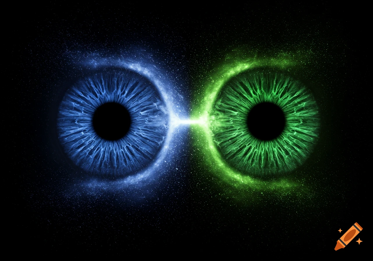 Stylized blue and green irises connected by a light beam on a dark, starry background.