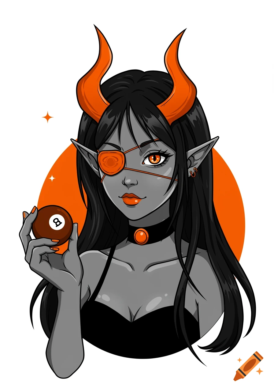 A stylized illustration of a girl with gray skin, long black hair, orange horns, an eyepatch, and an orange eye, holding an 8-ball. She has orange lips and nails.