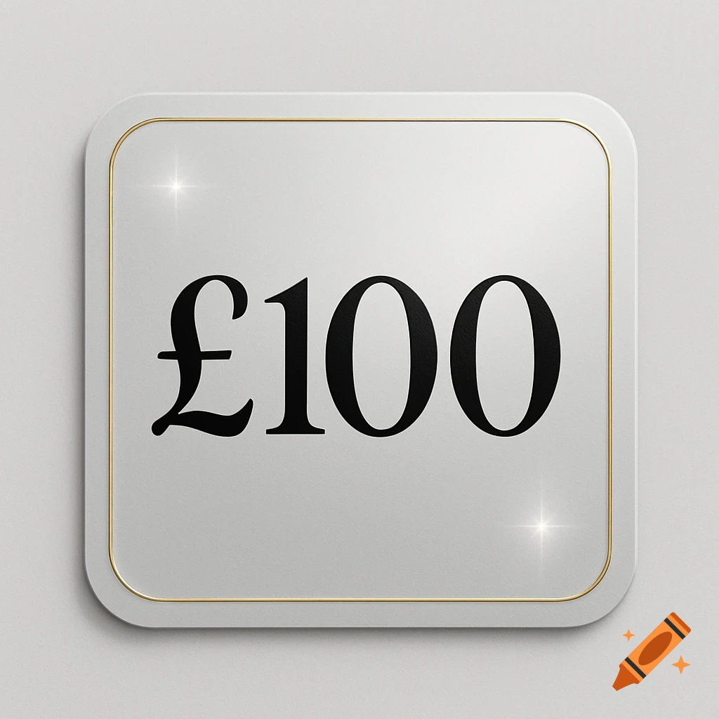 A white rounded square sticker with a golden border, displaying ' £100' in black text and shiny highlights.