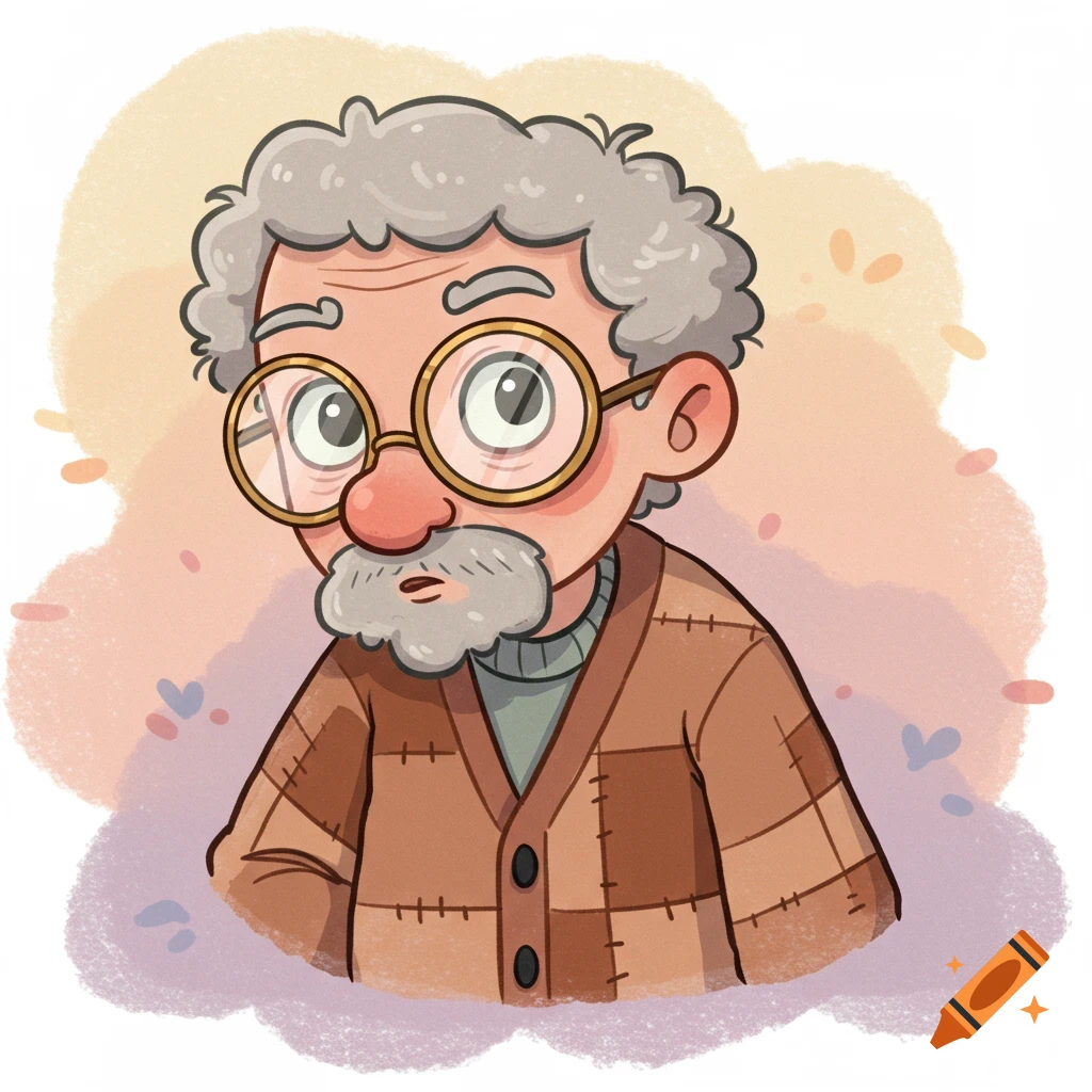 Cartoon portrait of an old man with gray hair, round glasses, and a brown cardigan.