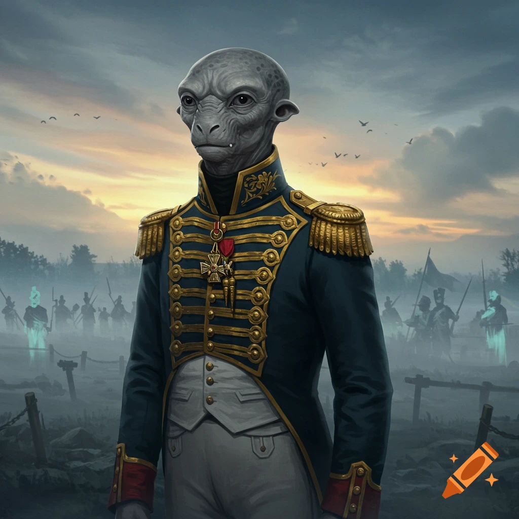 A grey, reptilian-like alien in a blue and gold Napoleonic military uniform stands on a misty battlefield at sunset.