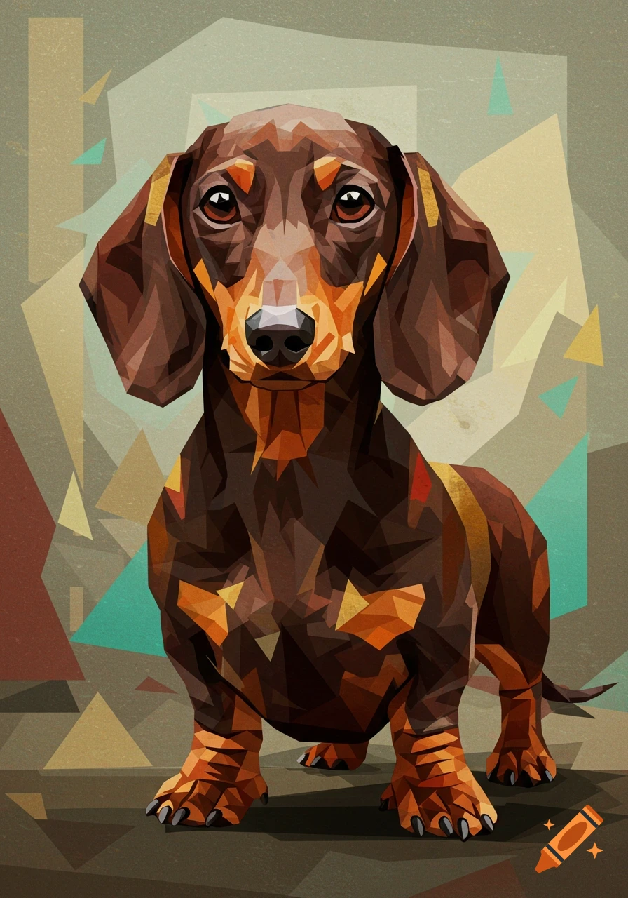 A cubist-style painting of a brown and tan dachshund dog standing against an abstract geometric background.