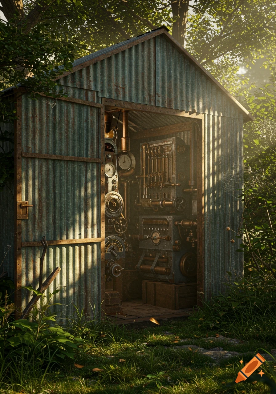 A rusty corrugated metal shed in a forest reveals a complex steampunk machine with gears, pipes, and gauges inside.