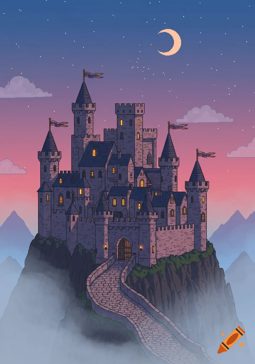 A pixel art castle sits on a misty mountain peak under a vibrant pink and purple sunset sky with a crescent moon and stars.
