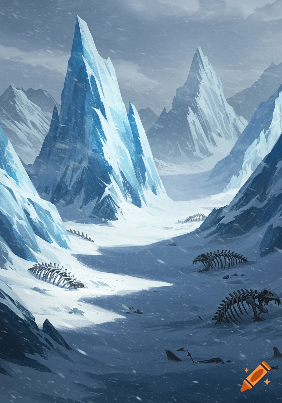 An illustrative landscape of a snowy, icy valley with sharp mountain peaks and large skeletal remains on the ground.