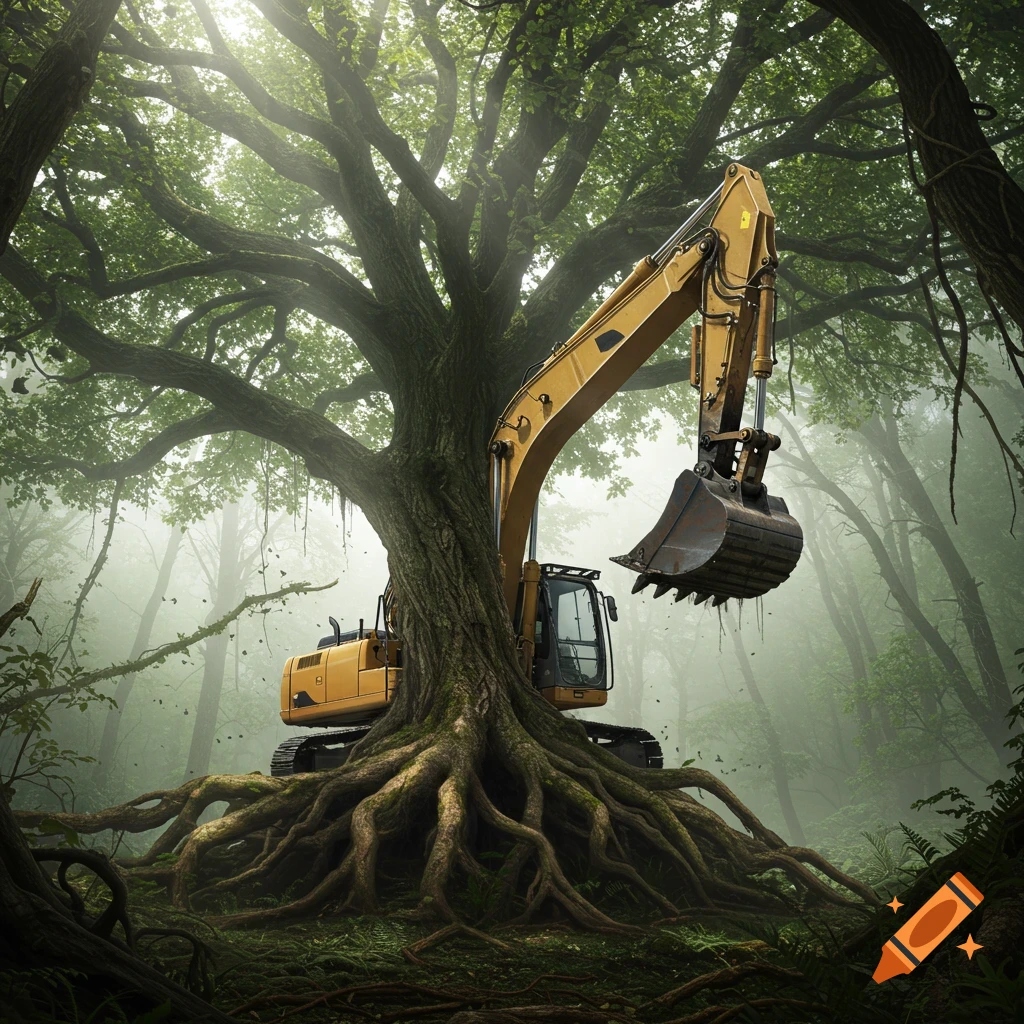 A large yellow excavator arm appears to grow out of the trunk of an old, gnarled tree with exposed roots in a misty forest.