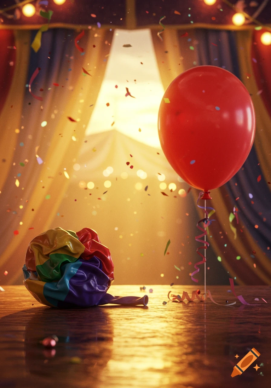 An inflated red balloon and a deflated rainbow balloon on a shiny wooden floor with falling confetti in a brightly lit circus tent.