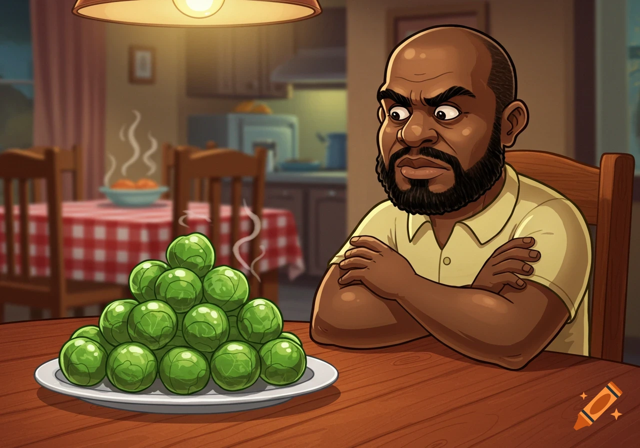 Cartoon of an angry African American man glaring at a large plate of brussels sprouts on a dinner table.