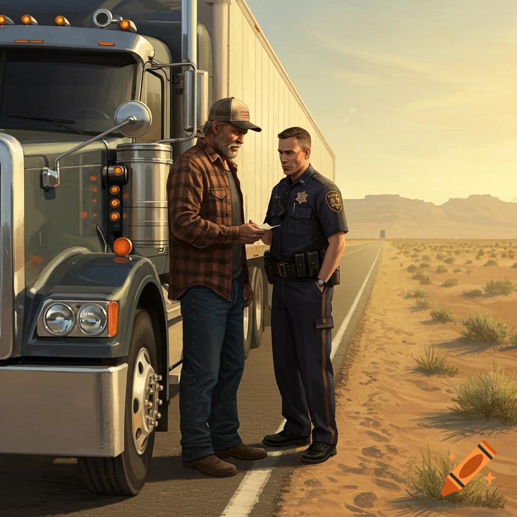 An illustration of a truck driver standing by his semi-truck on a desert highway, receiving a ticket from a police officer.
