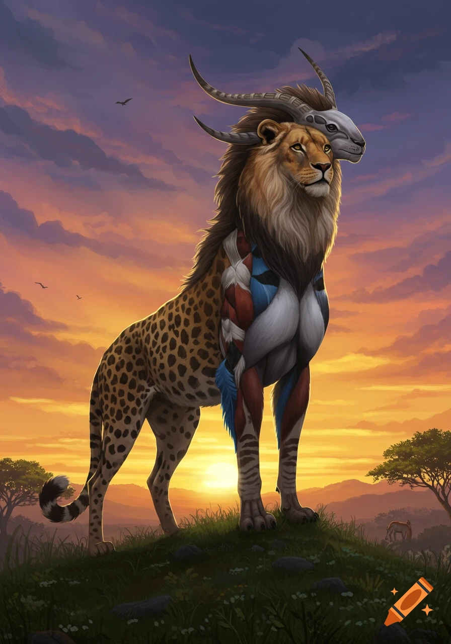 A majestic hybrid creature with a lion's head, cheetah's body, and exposed musculature, standing on a grassy hill at sunset.