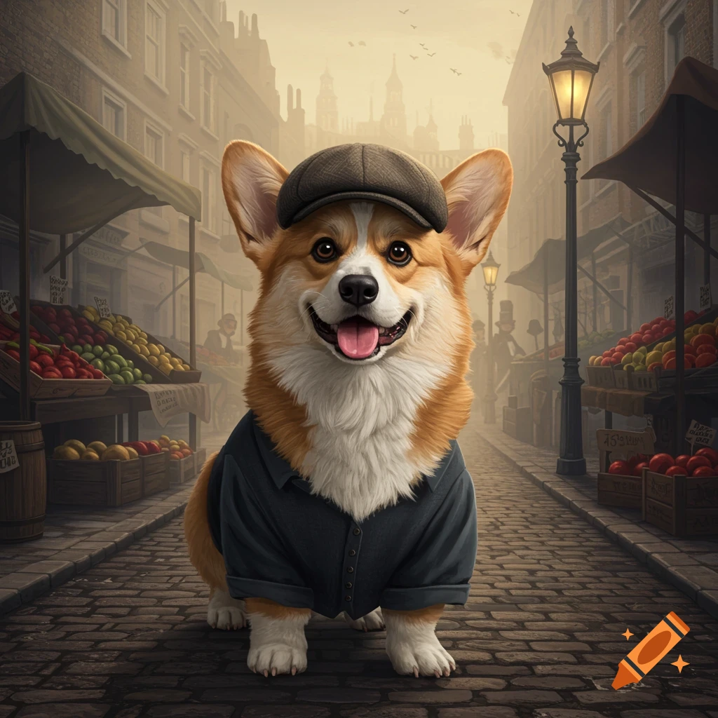 A smiling corgi dog wearing a flat cap and dark shirt stands on a cobblestone street with market stalls.