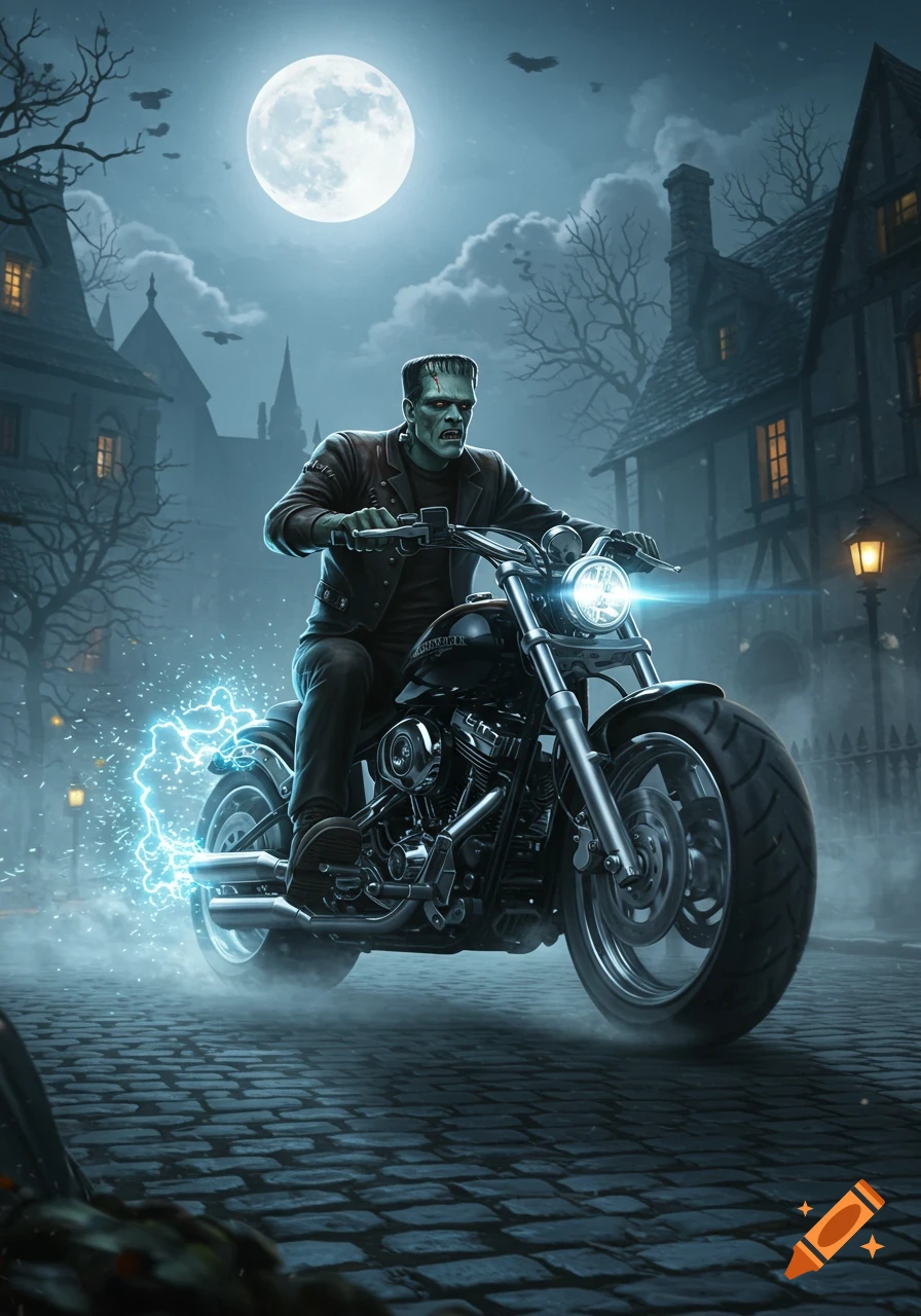 Frankenstein's monster riding a motorcycle with electric energy on a spooky street under a full moon.