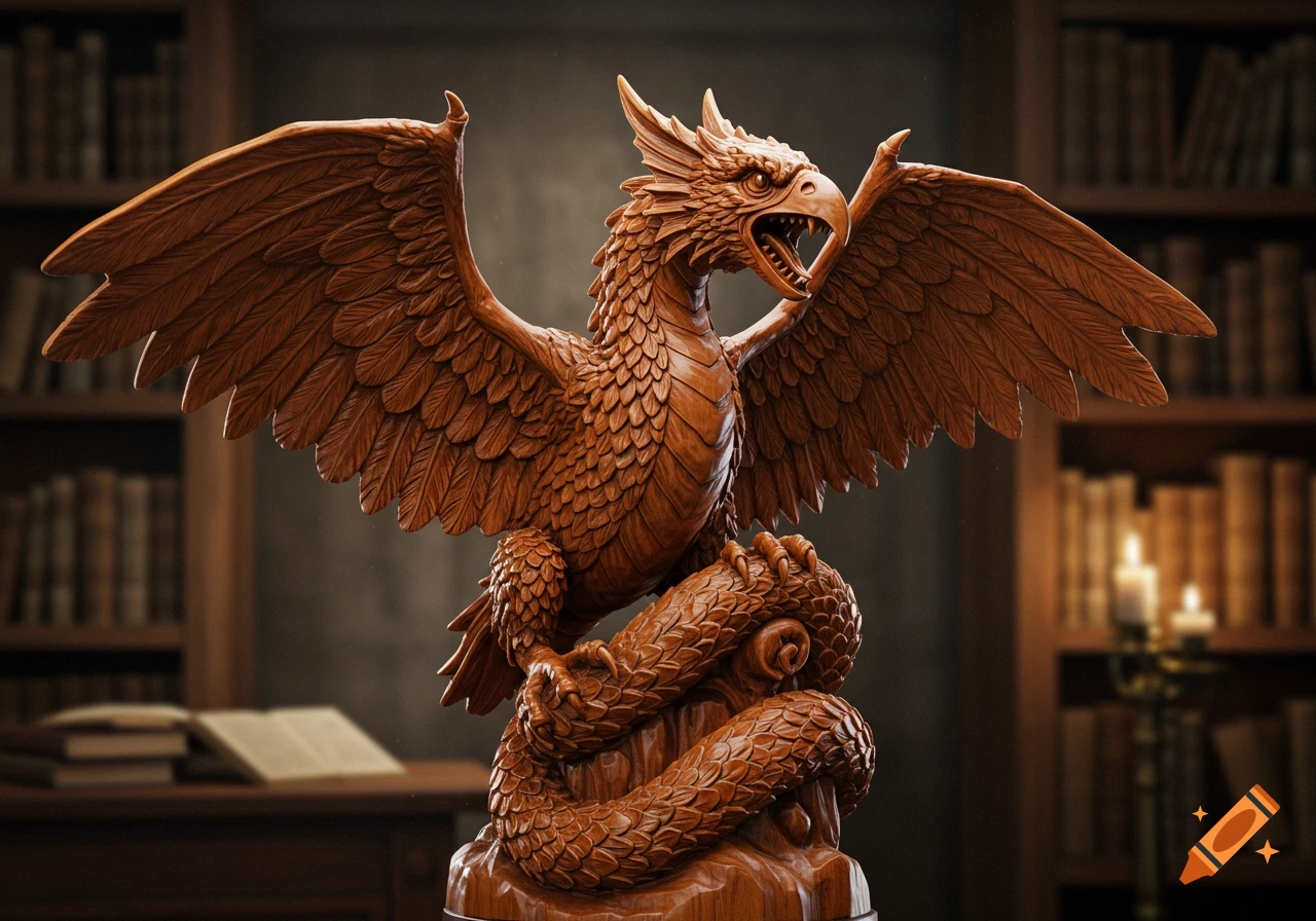 A detailed wooden carving of a griffin-like creature with spread wings on a coiled base, in a library.