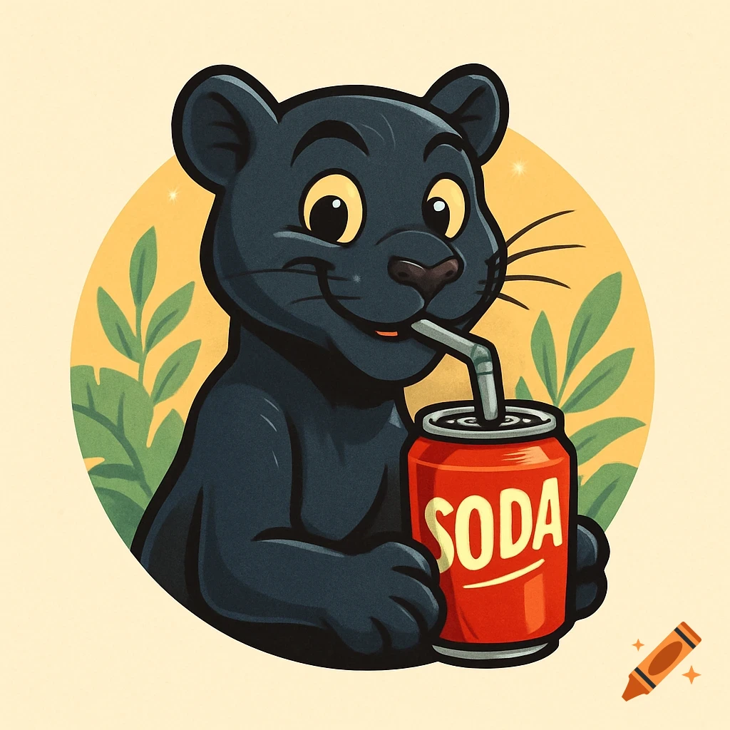 Cartoon black panther happily drinking soda from a red can with a straw, set against a yellow circle background with green leaves.