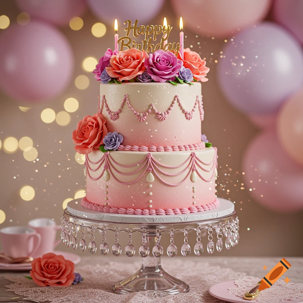 A two-tier pink and white birthday cake adorned with roses and a 'Happy Birthday' topper, set on a crystal stand amidst pink balloons and bokeh lights.