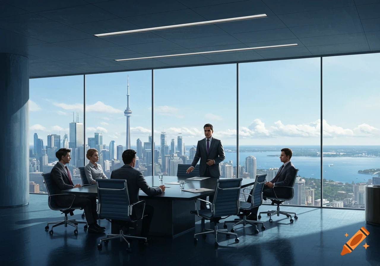 A CEO leads a business meeting in a modern skyscraper office overlooking the Toronto skyline with the CN Tower. Photorealistic.