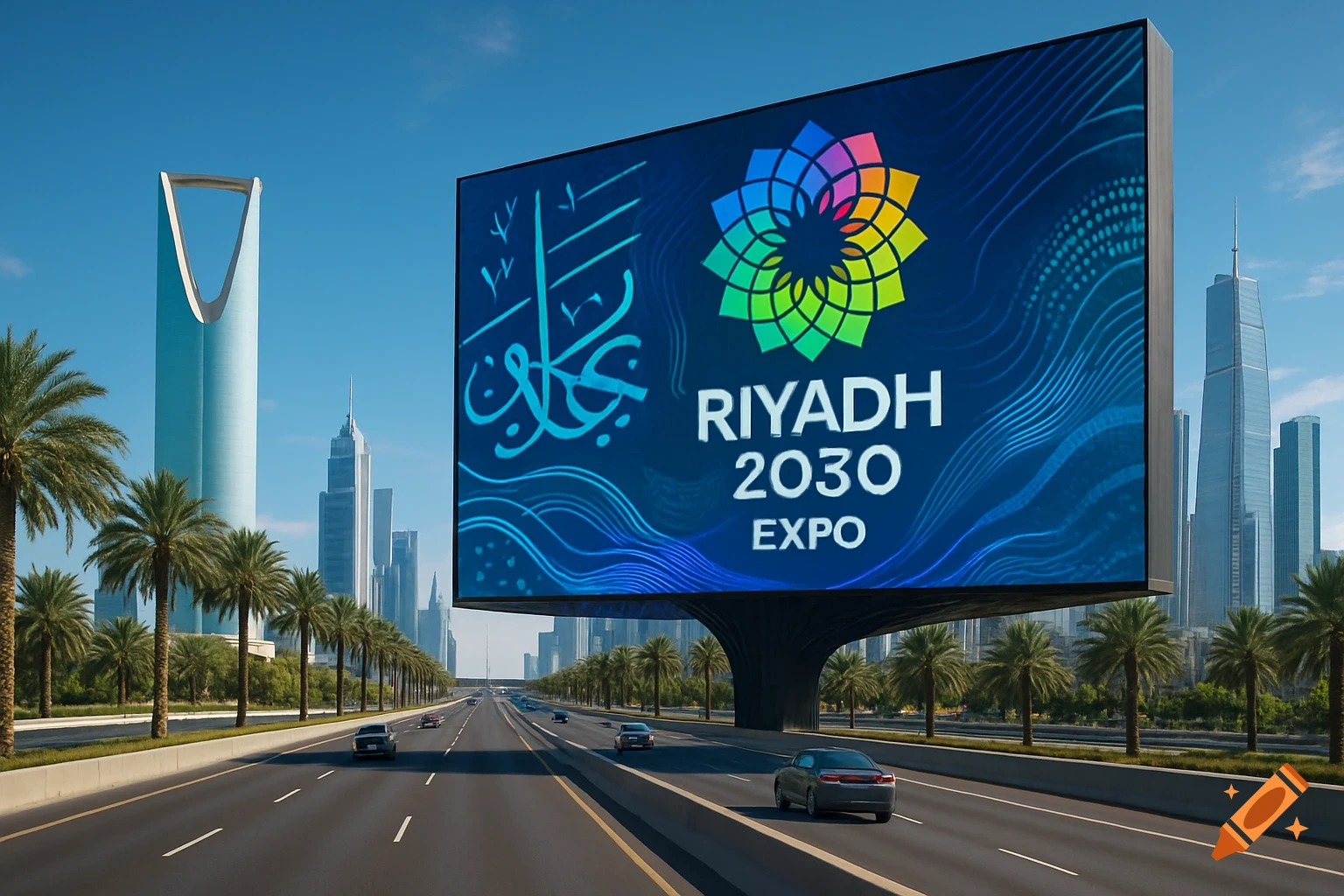 Photorealistic highway in Riyadh, Saudi Arabia, with palm trees and skyscrapers. A large LED screen shows the 'Riyadh 2030 Expo' logo.