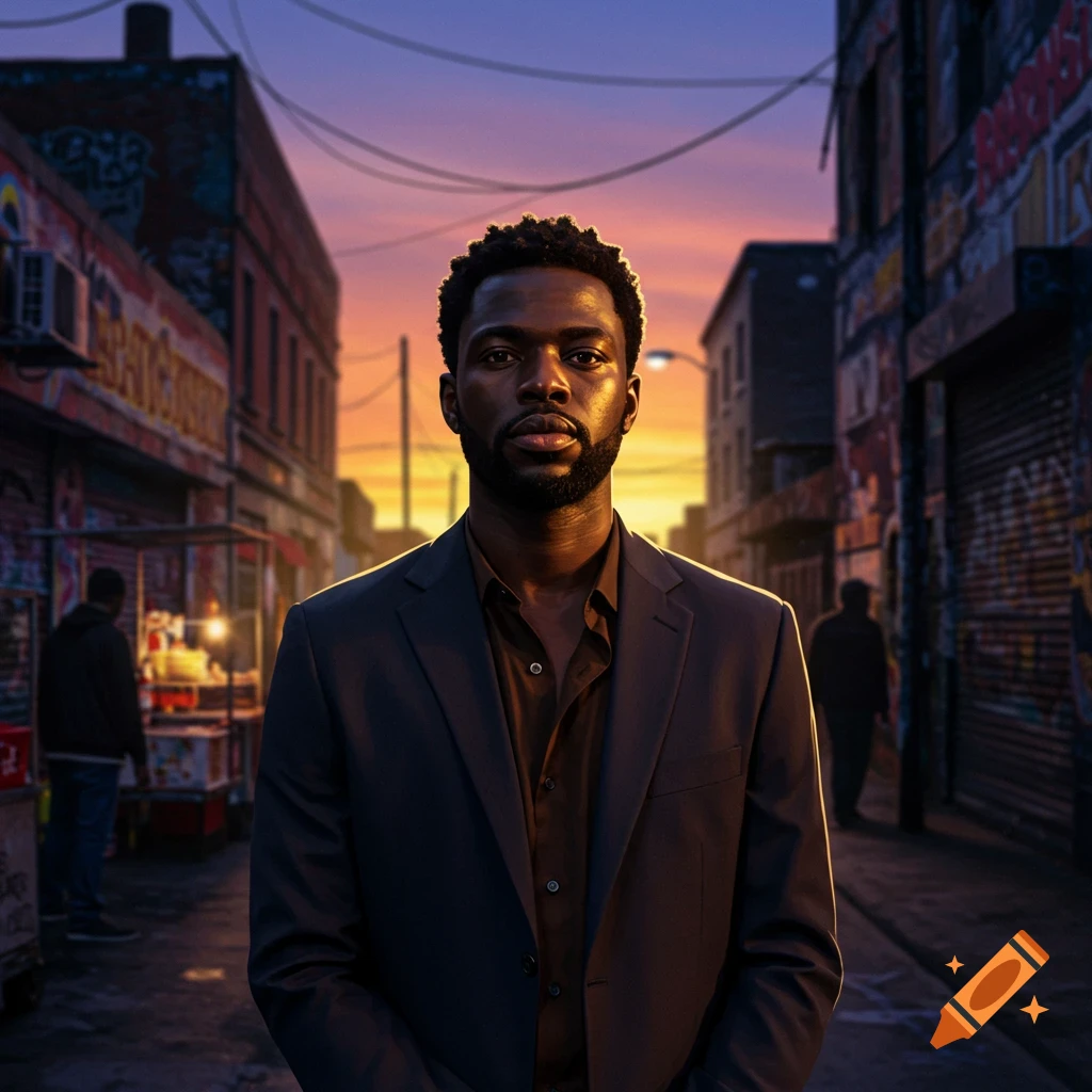 A Black man in a dark suit stands in a gritty urban alley at sunset.