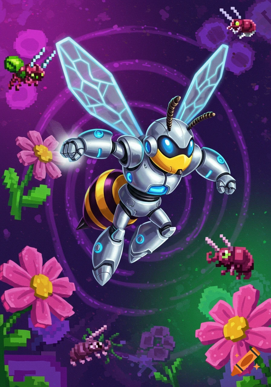 A metallic robot bee with glowing blue wings and eyes flies among pixelated pink flowers and small pixelated insects against a vibrant purple and green background.
