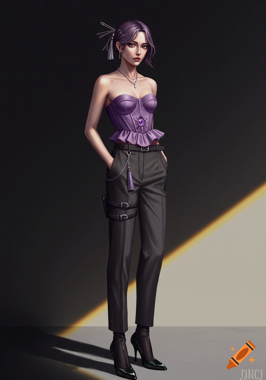 A digitally painted woman with purple hair in a strapless purple corset, black trousers, and high heels stands against a dark background with a diagonal light.