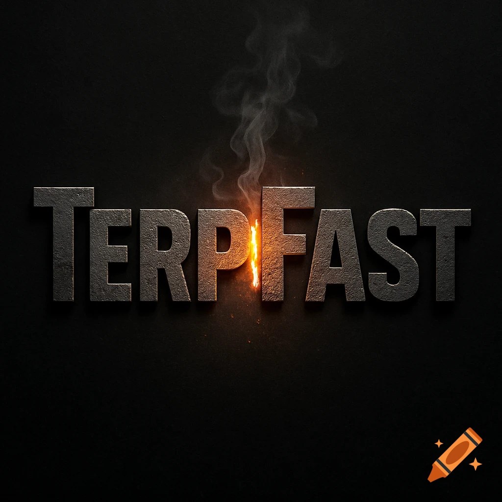 The word TERPFAST in a metallic, industrial font with a glowing, smoking molten seam between 'TERP' and 'FAST' on a dark background.
