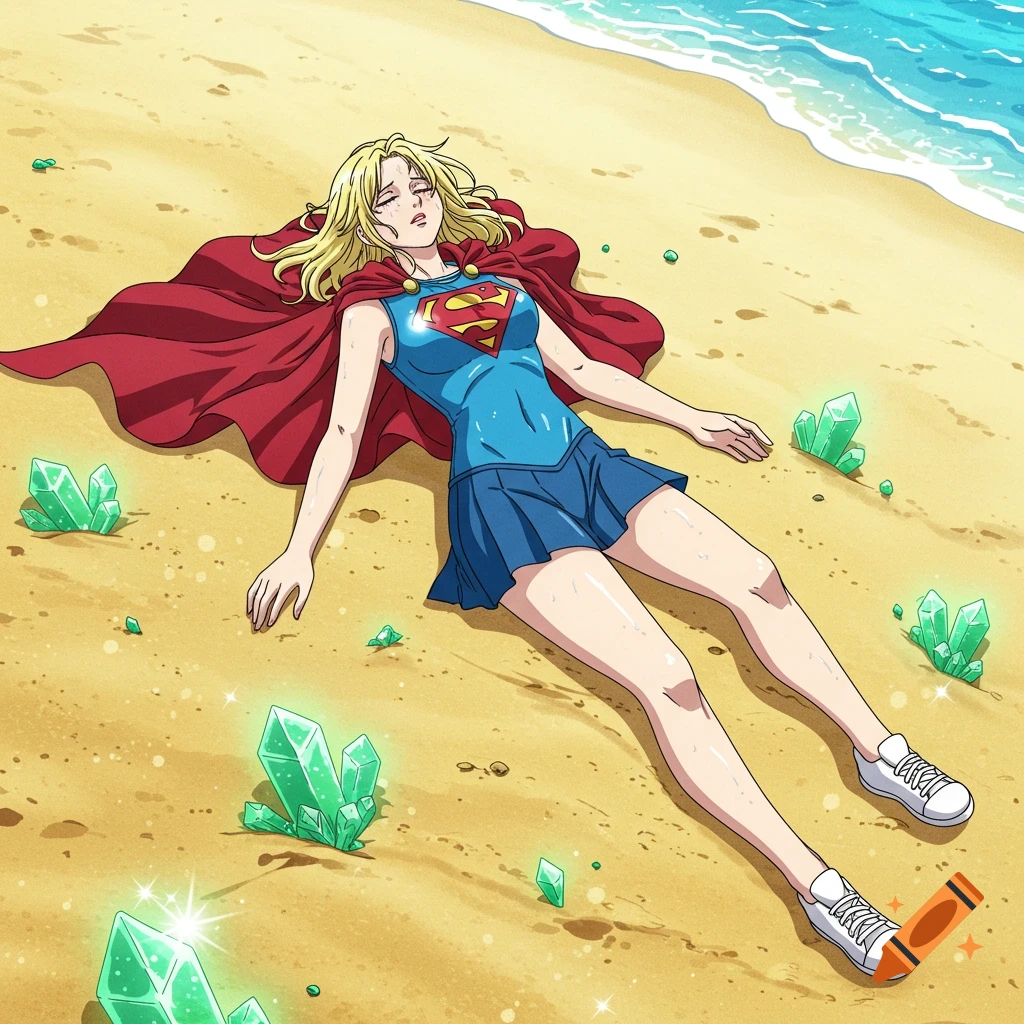 A blonde woman in a red cape and blue Super-S top lies on a sandy beach surrounded by glowing green crystals, in anime style.