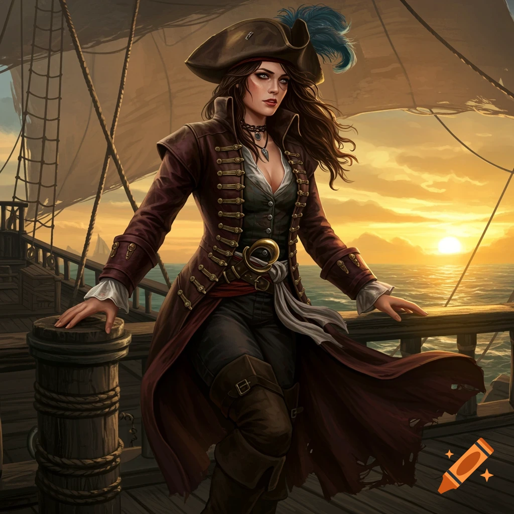 A brown-haired pirate woman stands on a ship at sunset, digital painting.