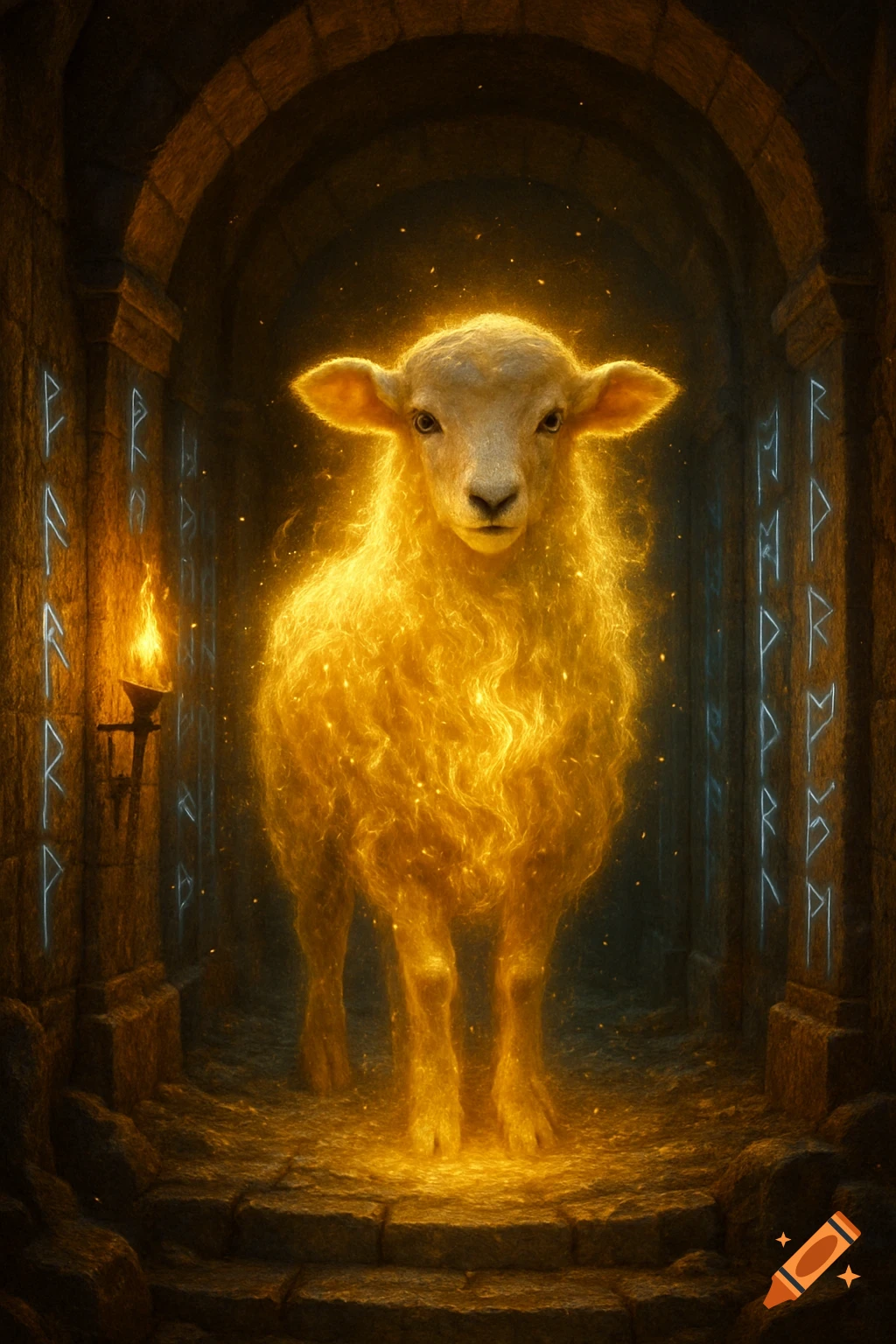 A golden, glowing lamb stands in an ancient, torch-lit stone passageway adorned with blue runes.
