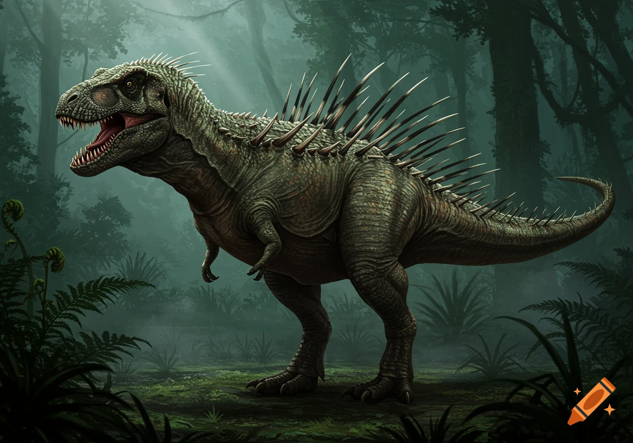 A detailed illustration of a large, green, spiky dinosaur with sharp teeth standing in a misty jungle.
