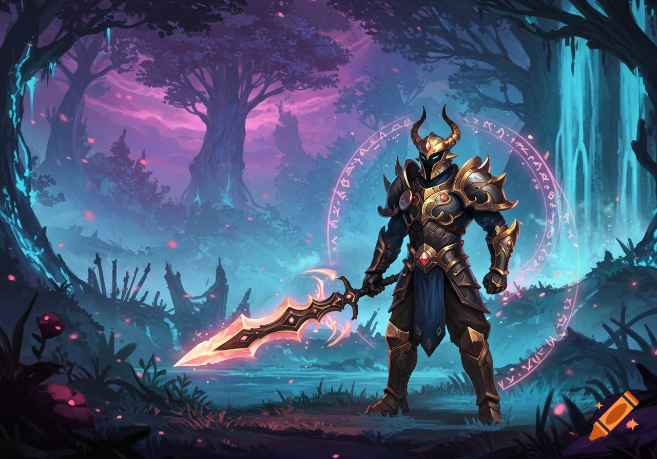 A heavily armored warrior with a horned helmet and glowing sword stands in a mystical, purple and blue forest with magical runes.