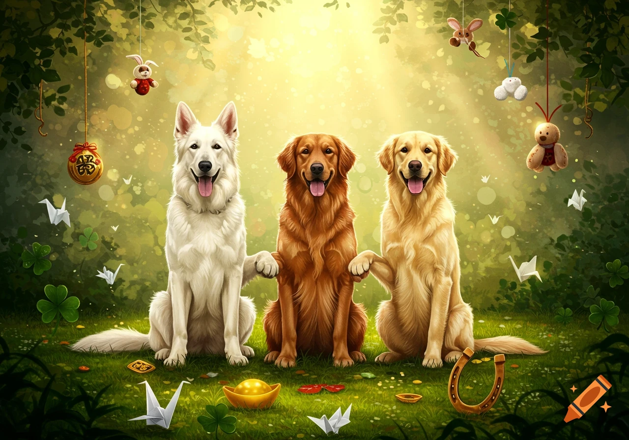 Three happy dogs, a white German Shepherd and two Golden Retrievers, sit in a green, magical forest with good luck symbols like clovers, paper cranes, and a horseshoe.