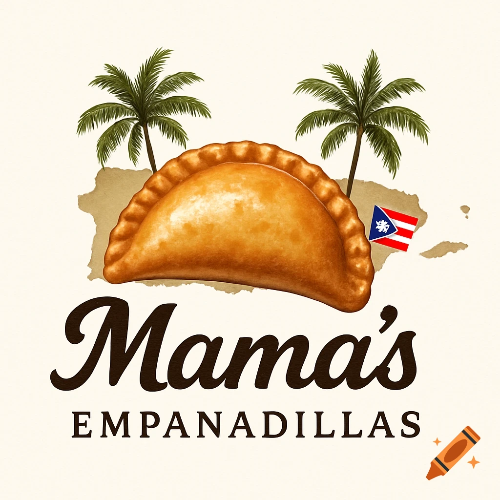 Company logo for Mama's Empanadillas featuring a golden empanadilla, Puerto Rico silhouette, palm trees, and a flag.