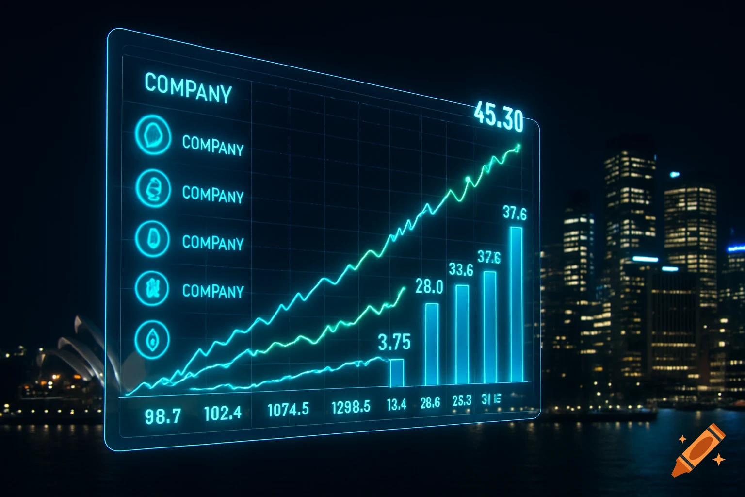 A futuristic glowing blue and green holographic data screen displaying financial charts and company rankings, set against a dark city skyline at night.