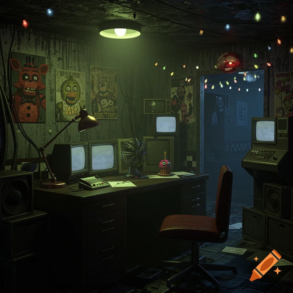 A dark, cluttered office with old monitors, posters of animatronic characters, and string lights, reminiscent of Five Nights at Freddy's.
