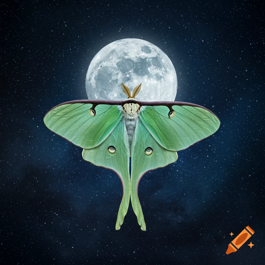 A vibrant green luna moth with large eyespots and feathery antennae is centered against a dark starry night sky with a large, bright full moon behind it.