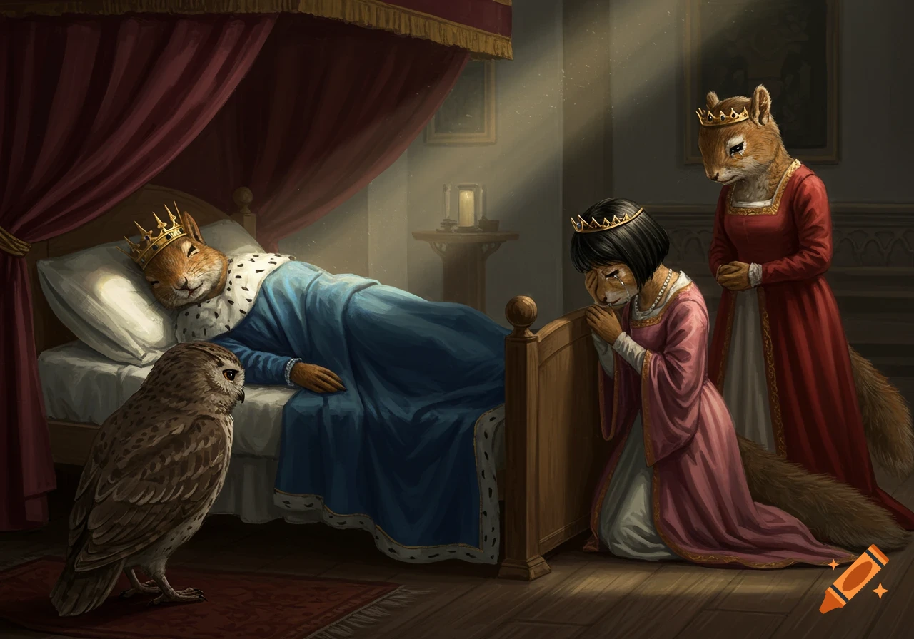 An illustration of a squirrel king in a medieval bed, seemingly ill, while two squirrel queens and an owl grieve beside him.