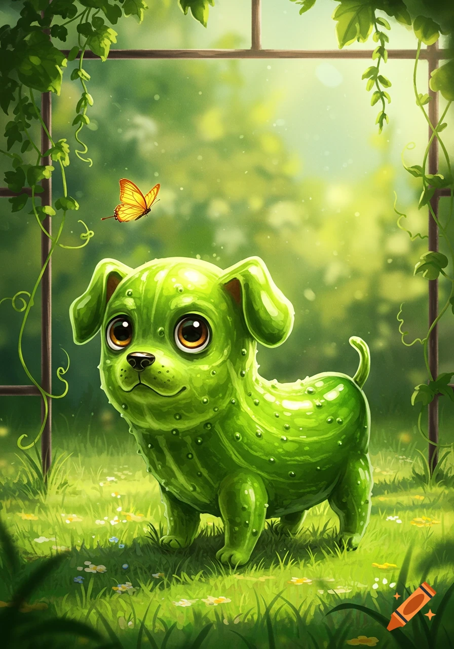 A cartoonish, bright green cucumber dog with large eyes looks up at a yellow butterfly in a sunny, vibrant garden with green vines.