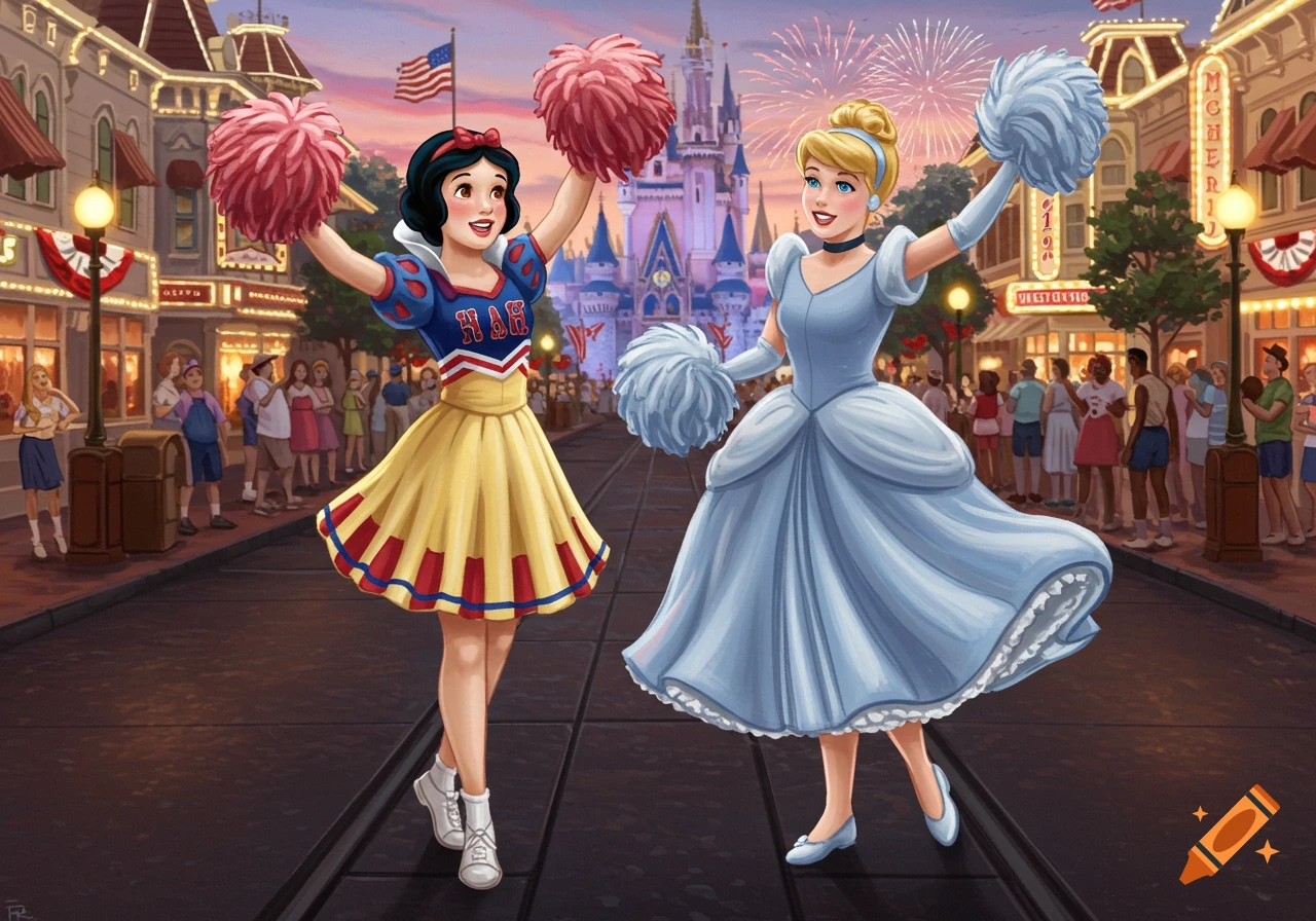 Snow White in a red and blue cheerleader outfit and Cinderella in a light blue cheerleader outfit pose with pom-poms on Main Street U.S.A. at Walt Disney World with fireworks overhead and 4th of July decorations.