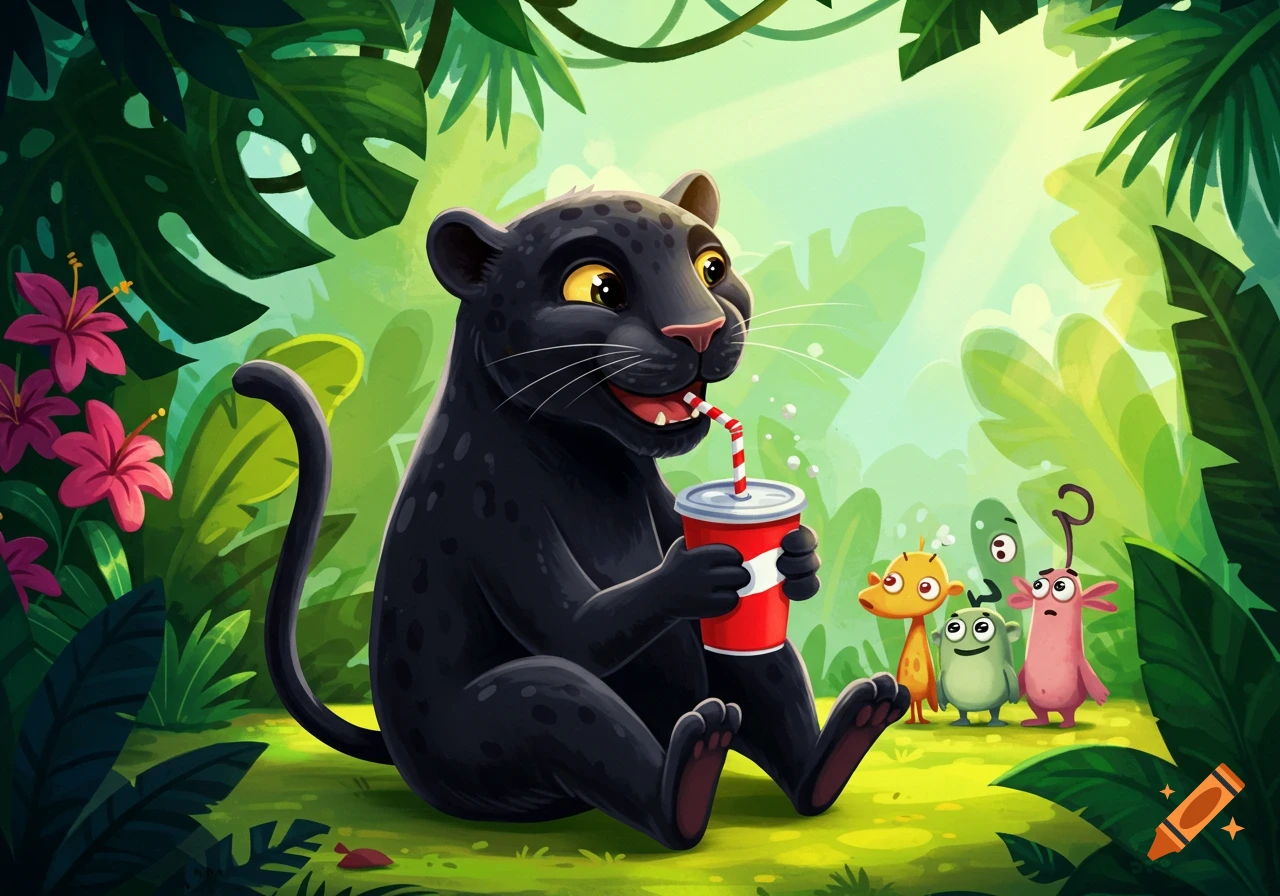A cartoon black panther sits in a lush jungle, happily sipping a drink from a red cup with a straw, while small colorful creatures watch.