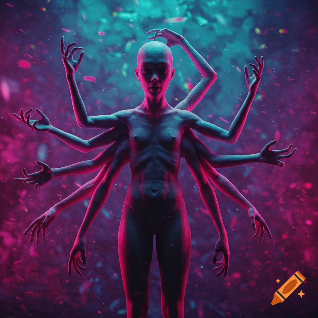 A multi-armed, bald, humanoid figure stands in a dark, ethereal space with pink and cyan light and floating particles, digital art.