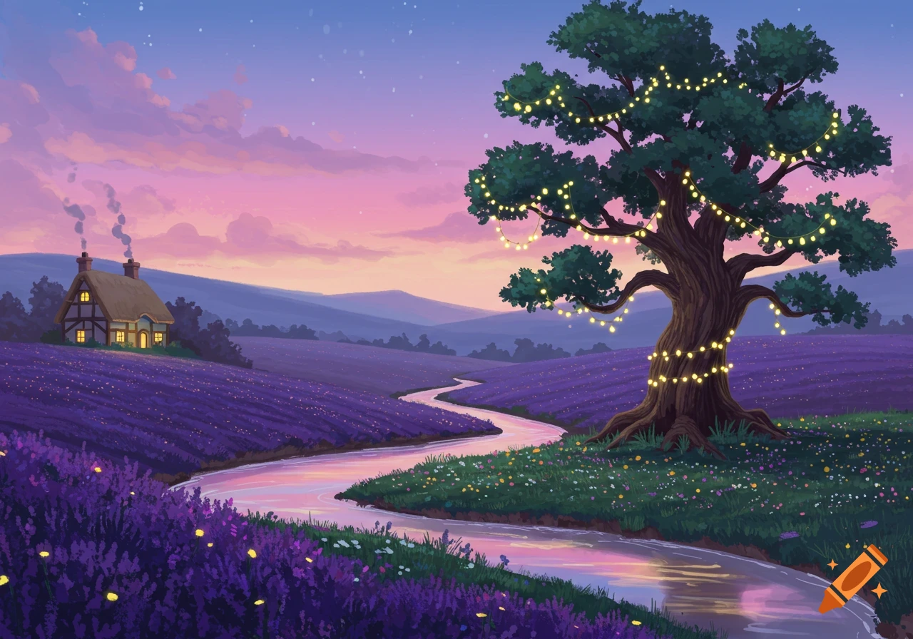 An idyllic drawing of a lavender field at sunset with a winding river, a cozy cottage, and a large tree adorned with string lights.