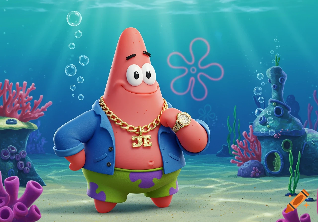Patrick Star from SpongeBob SquarePants wearing a blue jacket, gold chain, and watch underwater.
